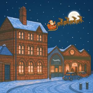 An illustration of Saint Nick soaring over the Black Country Living Museum as Christmas Eve settles across the region.