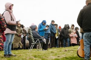 Good Friday Service in Ratlinghope on the hill beneath giant crosses.