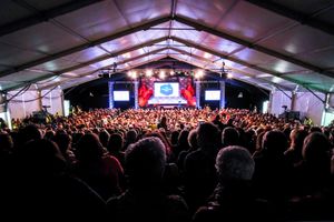 Crowds at a previous Hay Festival event. Photograph by Christopher Bone (Hay Festival).