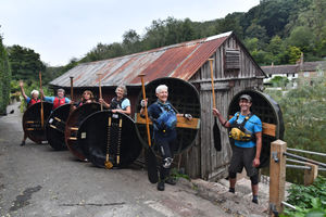 Ironbridge Coracle Trust members oustide Eustace Rogers restored shed. From left are, Jude Pilgrim, Anne Ketchen, Marion Blockley, Julia Tinker, Deborah Lowe, Jude Kristian. Picture by Dave Bagnall