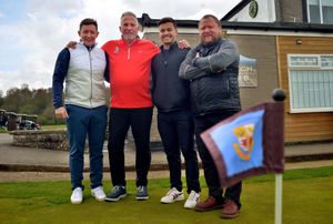 Lord Ian Botham playing at Llanymynech Golf Club, as part of a day with Oswestry Cricket Club. Pictured here with cricket club members: Alex Davidson, cricket club professional, Michael French and Ben Morris.