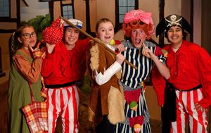 The cast of Dick Whittington get ready for this year's pantomime at Aldridge Youth Theatre. Pictured are Freya Antill as Dick, Edgar Shirley, Rohan Kennelly, Ollie Floyd and Eva Yip. Photo: Tim Thursfield