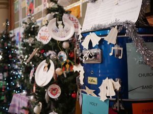 The church band's 'tree' made out of a drum. Image: Andy Compton
