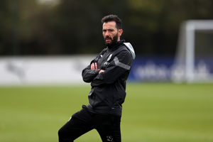 Carlos Corberan observes training ahead of his side's return to action against Plymouth (Photo by Adam Fradgley/West Bromwich Albion FC via Getty Images).