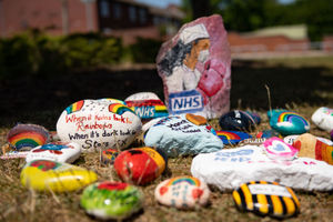 Stones laid by NHS staff to represent remembrance, reflection and positivity outside Walsall Manor Hospital's emergency department