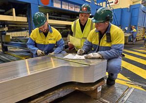 Cell leaders Sean Fellows and Sean Falvey, with shift manager Mark Harpin, check some of the steel