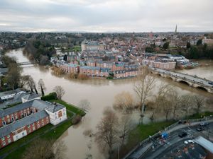 Flooding scenes over Coleham and by the English Bridge in Shrewsbury in December 2024