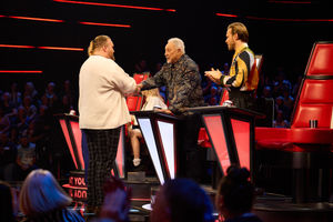 Pictured: Callum Doignie, Sir Tom Jones and Olly Murs. Photo: ITV