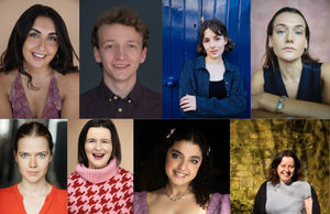 Clockwise from top left, Pentabus National Young Writers, in alphabetical order: Roisin Ann Bonar, Jacob Ethan Tanner, Lucy Heathcote, Emma-Louise Howell, Eilidh Nurse, Noor Sobka, Mackenzie Steed, Katie Walker-Cook.