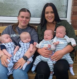 Rebecca Williams (right) and Rebecca Mcloughlin with their twins. Photo: SWNS