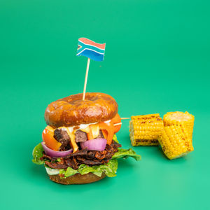The South African Burger has Kebabbed burger patties with peppers and a Biltong Bacon slice