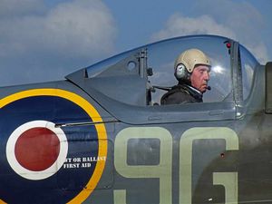 The helmet and flying suit might be modern, but fighter pilot Allan Scott was reliving his wartime Spitfire exploits at Biggin Hill