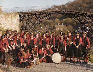 The Ironmen and Severn Gilders Morris team in 1980 in front of the Iron Bridge. Picture shared by Kate Hannon.