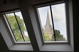 The upper court room offers a view of All Saints' Church