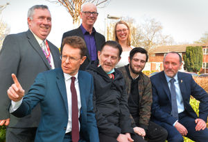 From left, Mayor of the West Midlands Andy Street, talks to housing clients Martin and Ryan, with Eddie Hughes MP. Top left to right: Councillor Adrian Andrew, Paul Wright from GreenSquareAccord, and Fay Shanahan from Walsall Housing Group
