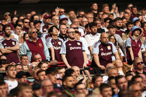 Aston Villa fans in the stands react after conceding their side's first goal of the game during the Emirates FA Cup semi-final match at Wembley Stadium, London. Picture date: Saturday April 26, 2025.
