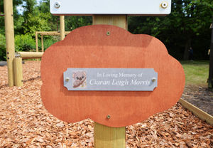 The plaque in memory of Ciaran Leigh Morris, part of a new play area, at The Hussey Arms, Brownhills.