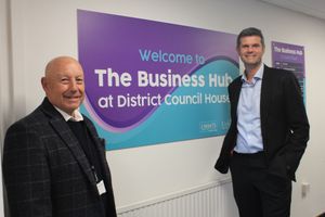 At The Business Hub at District Council House are Lichfield District Council Cabinet Member Councillor Phil Whitehouse (left) and Great Wave AI Co-Founder and Chief Executive Officer Jack Perschke.