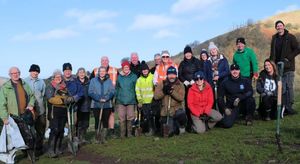Hedgerow planting volunteers for CPRE Shropshire in the Shropshire Hills