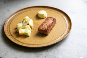 Crispy ham hock and grain mustard fritter with French mustard mayonnaise and potato and shallot salad