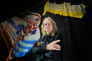 K K Downing at his music venue, K K's Steel Mill in Wolverhampton, with a Judas Priest banner that was used on stage during one of the band's world tours