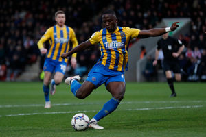 Dan Udoh of Shrewsbury Town scores a goal to make it 0-1. (AMA)