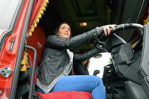 Katherine Pugh has a go at a Scania G420, at the annual Shropshire truck show at Shrewsburys West?Mid Showground