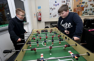 Jamie Wharton, right and Harry Heafield having a game of bar football 