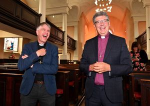Old friends Bishop Nelson and the Bishop of Dudley Rt. Rev. Martin Gorick share a joke at St Thomas' Church