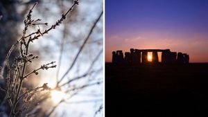 Images show the sun poking through icy twigs and sunset at Stonehenge on the winter solstice.