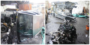 Pictures from inside the yard show parts from stripped down cars