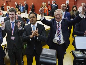 Reform UK leader Nigel Farage (right) and chairman Zia Yusuf (centre) celebrate after Reform candidate Sarah Pochin won the Runcorn and Helsby by-election