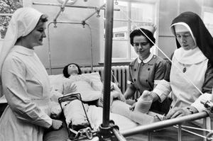 October 7, 1970, the caption reads: 'Three nuns are currently studying orthopaedics at the Shropshire Orthopaedic Hospital, Oswestry. They are, from left, Sister Sebastian from Ireland, Sister Janita Stevenson from Canada, and Sister Jillian Elizabeth of the Community of St Mary the Virgin, Wantage, Berkshire.'
