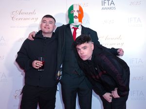 Left to right, Kneecap members Liam Og O Hannaigh (Mo Chara), JJ O'Dochartaigh (aDJ Provai) and Naoise O Caireallain (Moglai Bap)