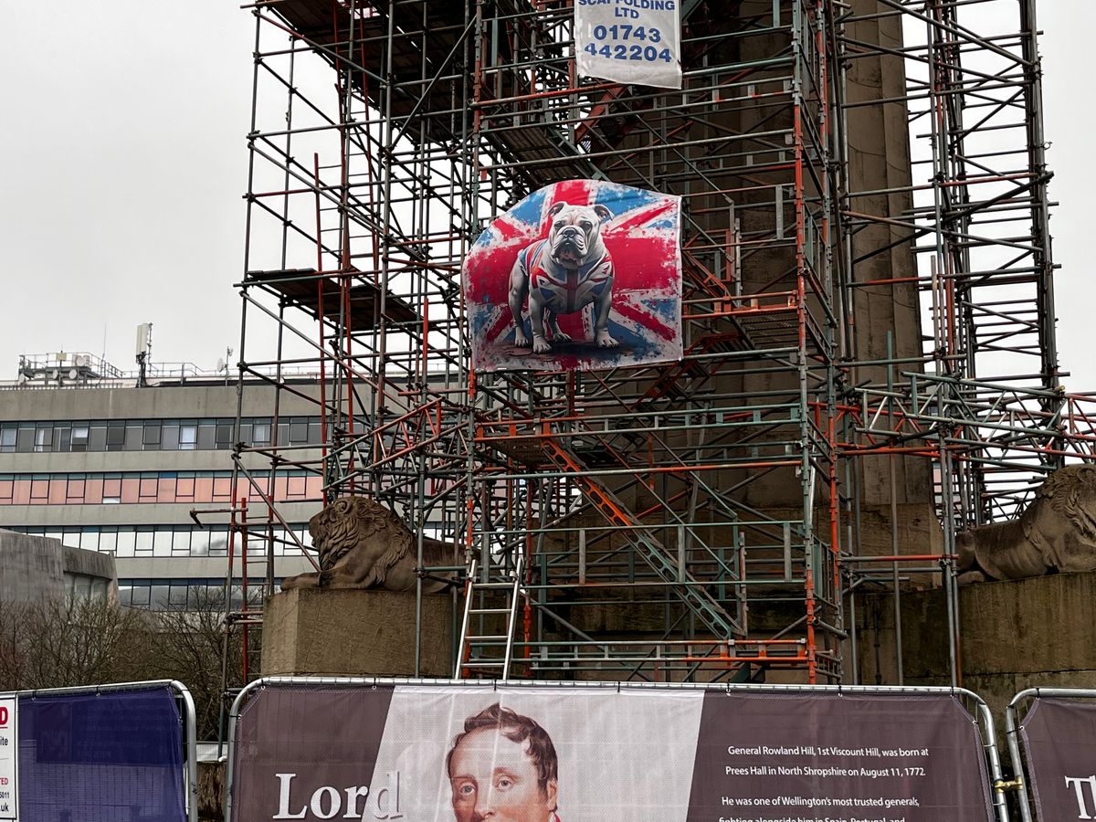 British bulldog flag hung on Shrewsburys historic Lord Hill column - despite it being fenced off and covered in scaffolding