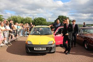 William King, Jack Smith, Noah Hodson and Abraham Wright arriving in the Inbetweeners car.