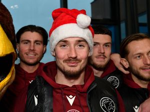 Walsall FC players visit Walsall Manor Hospital.Jamie Jellis gets into the spirit of the event.