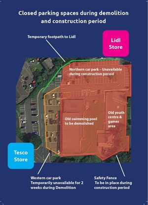 A map showing the parking spaces available during demolition work.