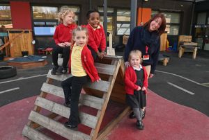 Teacher Anne-Marie Hellowell with Rosie, four, Hallie, four, JJ, three and Reuben, four