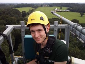 Tom Downes goes up in the air on one of the towers at BIFoR