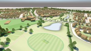 An artist's impression showing a view across sports pitches to a primary school and local centre