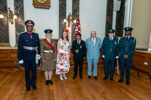 West Midlands Lord-Lieutenant Derrick Anderson is pictured with Kerrie Green, Deborah Lowe, Balbir Singh, David Payne and Carl Ledbury at the investiture ceremony