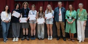 A team of talented young artists from Shrewsbury College have been selected to sketch out a design. Pictured (left to right) Stephanie Mansell-Jones from Shrewsbury BID, Ruby Jammaz, Finn Gardiner, Eliza Towers, Jasmine Vaughan, Molly Speake, Simon Wilks from Shrewsbury College, Claire Evans from Shropshire Council and Jane Manning from The BART