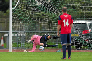 Richard Marshall of Bradford Park Avenue scores from the penalty spot past Ryan Young of AFC Telford United to make it 3-1