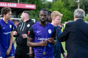 Jahdahn Fridye-Harper with his medal after AFC Telford United's stunning play-off success, in which he scored the key third goal. Pic: Kieren Griffin