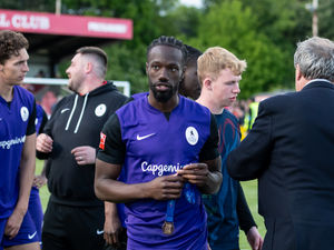Jahdahn Fridye-Harper with his medal after AFC Telford United's stunning play-off success, in which he scored the key third goal. Pic: Kieren Griffin