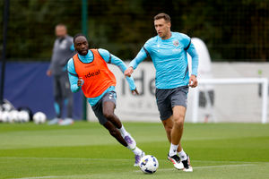 Krystian Bielik is tracked by Devante Cole in West Brom training this week (Photo by Adam Fradgley/West Bromwich Albion FC via Getty Images)
