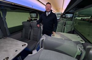 Nathan Hadley, MD at Prospect Coaches in Lye, on the state-of-the-art coach used to transport the West Bromwich Albion first team across the country
It boasts a coffee machine, luxury material on all of the chairs picked and designed by Nathan and his wife Claire, and the table transforms into a physio table too.