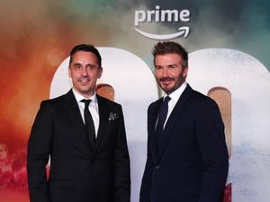 Gary Neville (left) and David Beckham arrive on the red carpet for the 99 World Premiere at the Printworks, Manchester