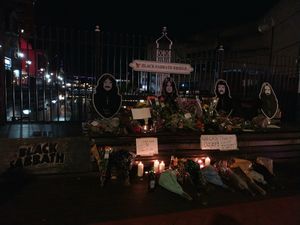 Crowds turned out, and left flowers at Black Sabbath Bridge, as a big screen TV played 'Mama I'm Coming Home', hours after the sad announcement of Ozzy's death on 22/07/25. 